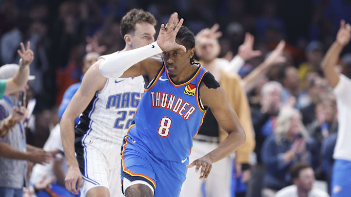 Nov 4, 2024; Oklahoma City, Oklahoma, USA;Oklahoma City Thunder forward Jalen Williams (8) gestures after scoring a 3-point basket against the Orlando Magic during the first quarter at Paycom Center. Mandatory Credit: Alonzo Adams-Imagn Images Nov 4, 2024; Oklahoma City, Oklahoma, USA;Oklahoma City Thunder forward Jalen Williams (8) gestures after scoring a 3-point basket against the Orlando Magic during the first quarter at Paycom Center. Mandatory Credit: Alonzo Adams-Imagn Images