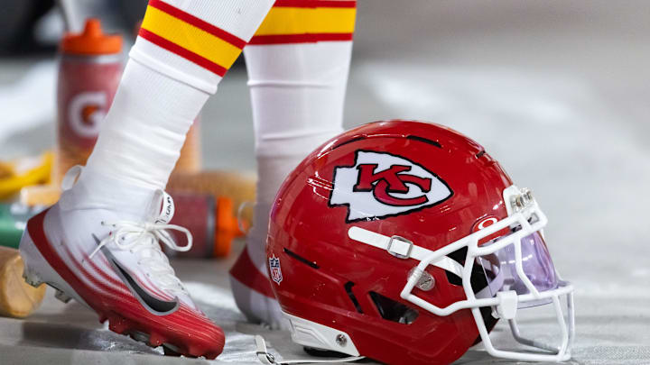 Aug 9, 2025; Glendale, Arizona, USA; Detailed view of a Kansas City Chiefs helmet during a preseason NFL game at State Farm Stadium. Mandatory Credit: Mark J. Rebilas-Imagn Images