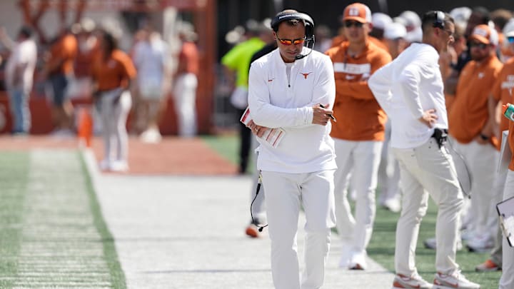 Sep 13, 2025; Austin, Texas, USA; Texas Longhorns head coach Steve Sarkisian during the first half against the Texas El Paso Miners at Darrell K Royal-Texas Memorial Stadium. Mandatory Credit: Scott Wachter-Imagn Images