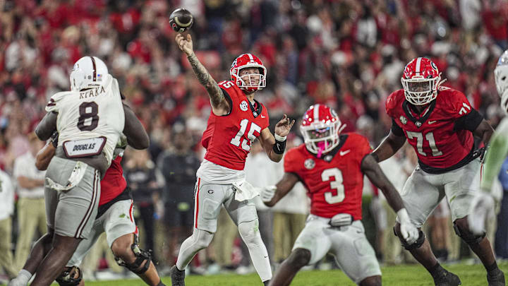 Oct 12, 2024; Athens, Georgia, USA; Georgia Bulldogs quarterback Carson Beck (15) passes the ball against the Mississippi State Bulldogs during the second half at Sanford Stadium. Mandatory Credit: Dale Zanine-Imagn Images Oct 12, 2024; Athens, Georgia, USA; Georgia Bulldogs quarterback Carson Beck (15) passes the ball against the Mississippi State Bulldogs during the second half at Sanford Stadium. Mandatory Credit: Dale Zanine-Imagn Images