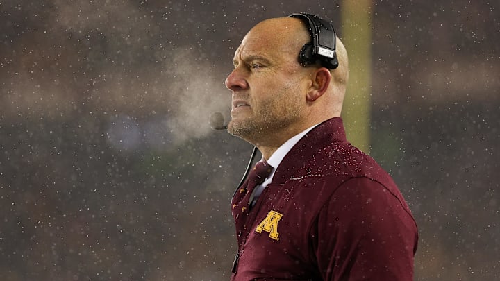 Nov 29, 2025; Minneapolis, Minnesota, USA; Minnesota Golden Gophers head coach P.J. Fleck looks on during the second half against the Wisconsin Badgers at Huntington Bank Stadium. Mandatory Credit: Matt Krohn-Imagn Images