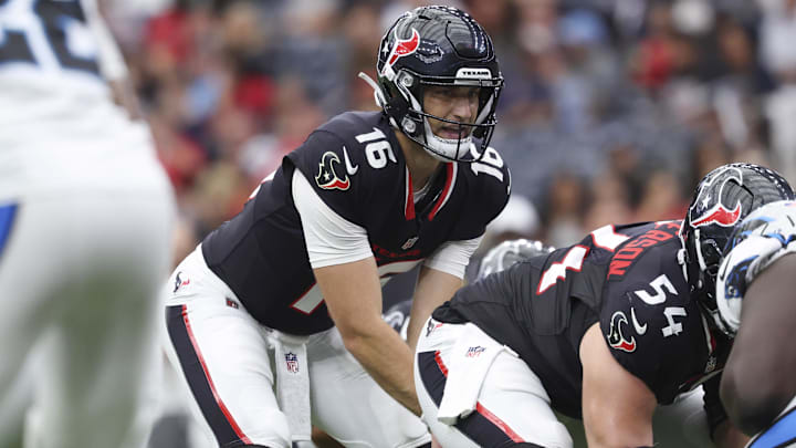 Former Houston Texans quarterback Kedon Slovis (16) at the line of scrimmage during the third quarter against the Carolina Panthers at NRG Stadium.