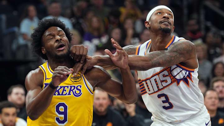 Oct 17, 2024; Phoenix, Arizona, USA; Los Angeles Lakers guard Bronny James (9) and Phoenix Suns guard Bradley Beal (3) battle for position during the second half at Footprint Center. Mandatory Credit: Joe Camporeale-Imagn Images Oct 17, 2024; Phoenix, Arizona, USA; Los Angeles Lakers guard Bronny James (9) and Phoenix Suns guard Bradley Beal (3) battle for position during the second half at Footprint Center. Mandatory Credit: Joe Camporeale-Imagn Images