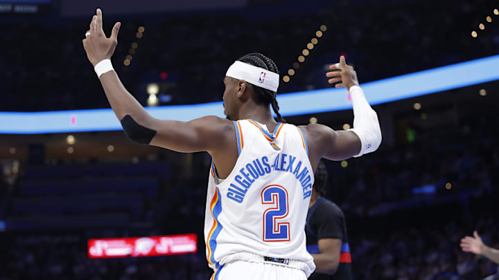 Oklahoma City Thunder guard Shai Gilgeous-Alexander (2) gestures during the second half against the Detroit Pistons at Paycom Center. 