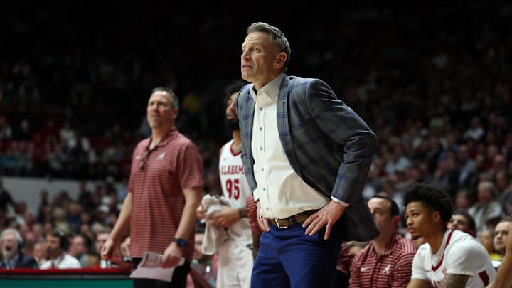Feb 4, 2026; Tuscaloosa, Alabama, USA; Alabama Crimson Tide head coach Nate Oats on the sideline during the second half against the Texas A&M Aggies at Coleman Coliseum. Mandatory Credit: David Leong-Imagn Images