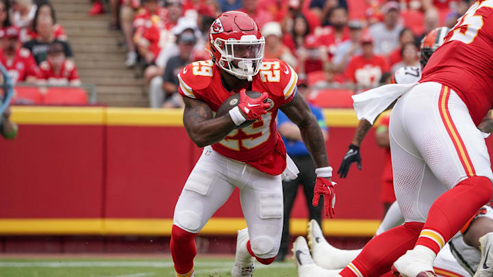 Aug 26, 2023; Kansas City, Missouri, USA; Kansas City Chiefs running back La'Mical Perine (29) runs the ball against the Cleveland Browns during the game at GEHA Field at Arrowhead Stadium.