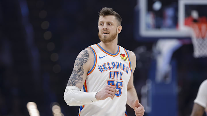 Dec 28, 2025; Oklahoma City, Oklahoma, USA; Oklahoma City Thunder center Isaiah Hartenstein runs down the court during a play against the Philadelphia 76ers during the first quarter at Paycom Center. Mandatory Credit: Alonzo Adams-Imagn Images