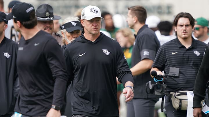 Nov 1, 2025; Waco, Texas, USA; UCF Knights head coach Scott Frost leaves the field following the game against the Baylor Bears at McLane Stadium. Mandatory Credit: Raymond Carlin III-Imagn Images