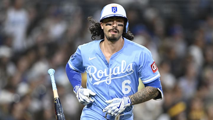 Jun 20, 2025; San Diego, California, USA; Kansas City Royals third baseman Jonathan India (6) hits a three-run home run during the fifth inning against the San Diego Padres at Petco Park. Mandatory Credit: Denis Poroy-Imagn Images Jun 20, 2025; San Diego, California, USA; Kansas City Royals third baseman Jonathan India (6) hits a three-run home run during the fifth inning against the San Diego Padres at Petco Park. Mandatory Credit: Denis Poroy-Imagn Images