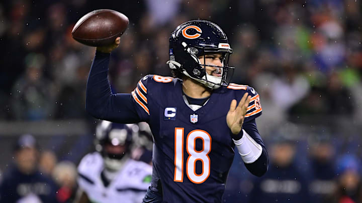 Dec 26, 2024; Chicago, Illinois, USA; Chicago Bears quarterback Caleb Williams (18) passes the ball against the Seattle Seahawks during the first quarter at Soldier Field. Mandatory Credit: Daniel Bartel-Imagn Images Dec 26, 2024; Chicago, Illinois, USA; Chicago Bears quarterback Caleb Williams (18) passes the ball against the Seattle Seahawks during the first quarter at Soldier Field. Mandatory Credit: Daniel Bartel-Imagn Images