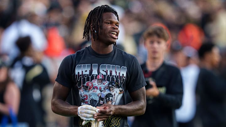 Sep 16, 2023; Boulder, Colorado, USA; Colorado Buffaloes cornerback Travis Hunter (12) warms up prior to the game against the Colorado State Rams at Folsom Field. Mandatory Credit: Andrew Wevers-Imagn Images