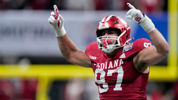 Indiana defensive tackle Mario Landino celebrates a fumble recovery Jan. 9, 2026, vs Oregon in the Peach Bowl and semifinal game of the College Football Playoff at Mercedes-Benz Stadium in Atlanta.