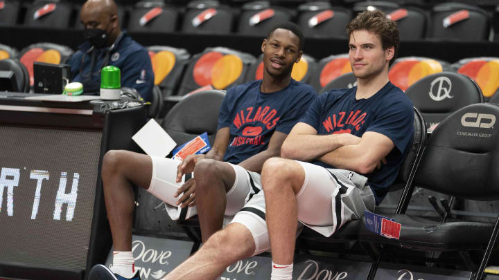 Dec 5, 2021; Toronto, Ontario, CAN; Washington Wizards forward Corey Kispert (24) talks with Washington Wizards guard Joel Ayayi (17) during the warmup against the Toronto Raptors at Scotiabank Arena. Mandatory Credit: Nick Turchiaro-USA TODAY Sports