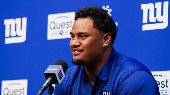 New York Giants draft pick Francis Mauigoa addresses the media during the introductory press conference at Quest Diagnostics Training Center.  