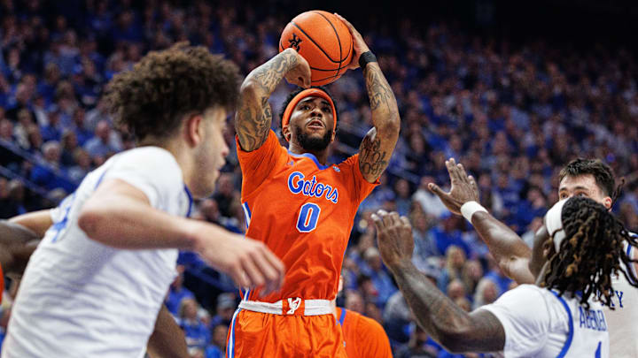 Mar 7, 2026; Lexington, Kentucky, USA; Florida Gators center Rueben Chinyelu (9) shoots the ball during the first half against the Kentucky Wildcats at Rupp Arena at Central Bank Center. Mandatory Credit: Jordan Prather-Imagn Images