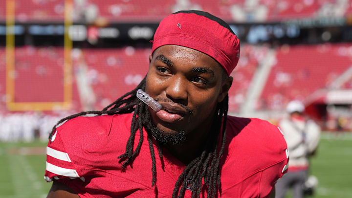 Oct 6, 2024; Santa Clara, California, USA; San Francisco 49ers running back Jordan Mason (24) before the game against the Arizona Cardinals at Levi's Stadium. Mandatory Credit: Darren Yamashita-Imagn Images