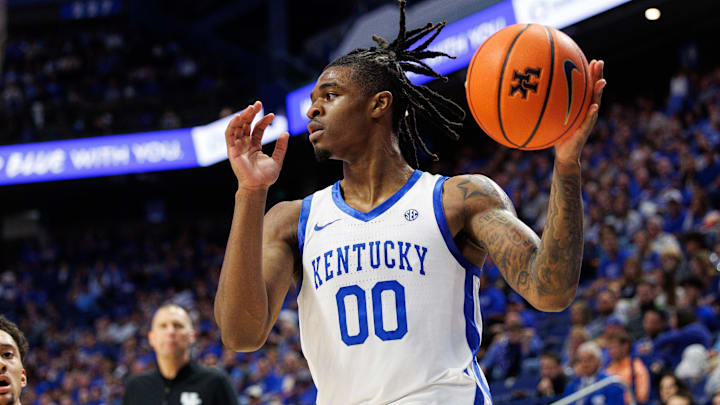 Oct 23, 2024; Lexington, KY, USA; Kentucky Wildcats guard Otega Oweh (0) handles the ball during the first half against the Kentucky Wesleyan Panthers at Rupp Arena at Central Bank Center. Mandatory Credit: Jordan Prather-Imagn Images