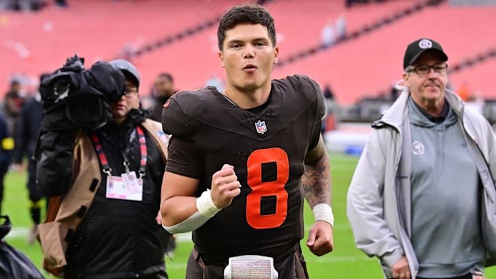 Oct 19, 2025; Cleveland, Ohio, USA; Cleveland Browns quarterback Dillon Gabriel (8) celebrates after the Browns beat the Miami Dolphins at Huntington Bank Field. Mandatory Credit: Ken Blaze-Imagn Images