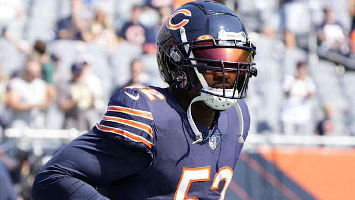 Sep 19, 2021; Chicago, Illinois, USA; Chicago Bears outside linebacker Khalil Mack (52) practices before the game against the Cincinnati Bengals at Soldier Field. Sep 19, 2021; Chicago, Illinois, USA; Chicago Bears outside linebacker Khalil Mack (52) practices before the game against the Cincinnati Bengals at Soldier Field.