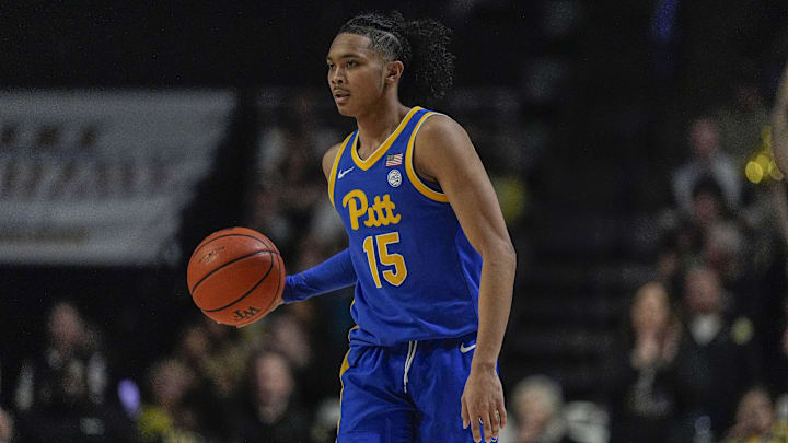 Feb 1, 2025; Winston-Salem, North Carolina, USA; Pittsburgh Panthers guard Jaland Lowe (15) brings the ball up court during the second half against the Wake Forest Demon Deacons at Lawrence Joel Veterans Memorial Coliseum. Mandatory Credit: Jim Dedmon-Imagn Images