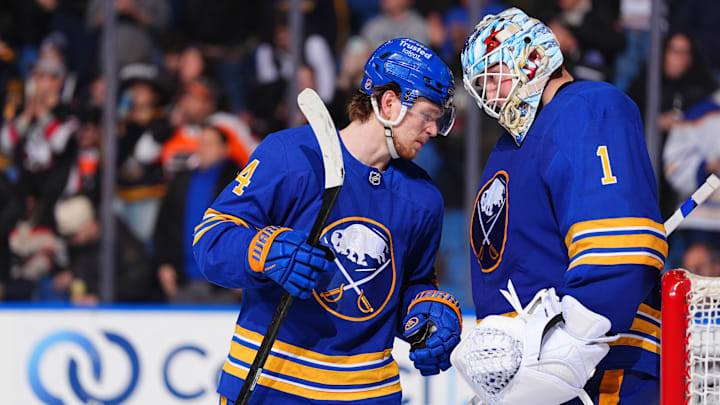Buffalo Sabres players Bowen Byram and Ukko-Pekka Luukkonen