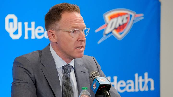 Thunder general manager Sam Presti speaks during an introductory press conference for the 2024 Thunder draft picks at Oklahoma Contemporary Arts Center in Oklahoma City, Saturday, June, 29, 2024. Thunder general manager Sam Presti speaks during an introductory press conference for the 2024 Thunder draft picks at Oklahoma Contemporary Arts Center in Oklahoma City, Saturday, June, 29, 2024.