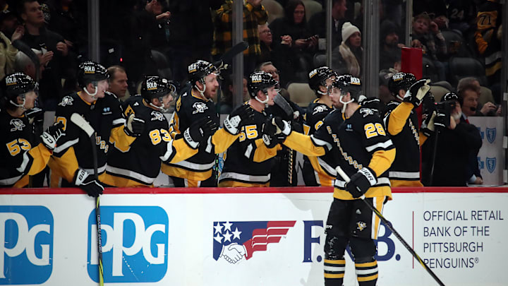Dec 3, 2024; Pittsburgh, Pennsylvania, USA;  Pittsburgh Penguins defenseman Marcus Pettersson (28) celebrates with the bench after scoring a goal against the Florida Panthers during the third period at PPG Paints Arena. Mandatory Credit: Charles LeClaire-Imagn Images