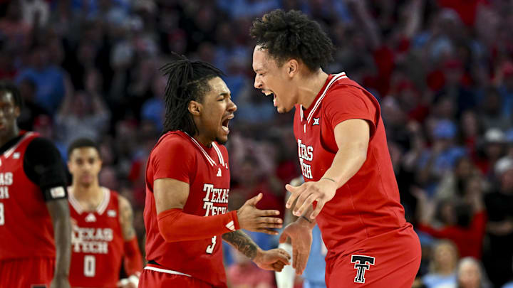 Feb 1, 2025; Houston, Texas, USA; Texas Tech Red Raiders forward Darrion Williams (5) reacts after shooting a three point basket to tie the game with seconds left on the clock against the Houston Cougars at Fertitta Center. Mandatory Credit: Maria Lysaker-Imagn Images 
