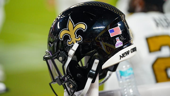 Oct 7, 2024; Kansas City, Missouri, USA; A general view of a New Orleans Saints helmet against the Kansas City Chiefs during the first half at GEHA Field at Arrowhead Stadium. Mandatory Credit: Denny Medley-Imagn Images Oct 7, 2024; Kansas City, Missouri, USA; A general view of a New Orleans Saints helmet against the Kansas City Chiefs during the first half at GEHA Field at Arrowhead Stadium. Mandatory Credit: Denny Medley-Imagn Images