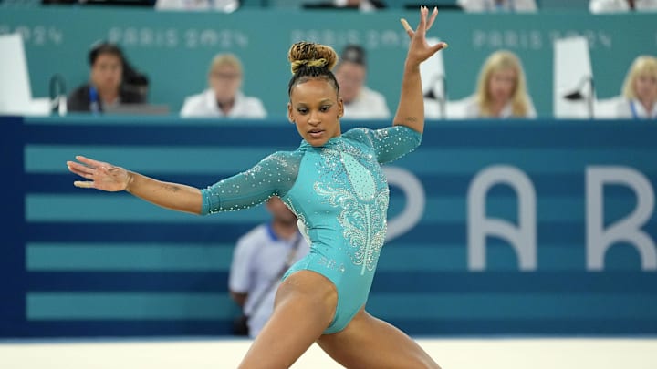 Rebeca Andrade of Brazil competes on the floor exercise on day three of the gymnastics event finals during the Paris 2024 Olympic Summer Games.