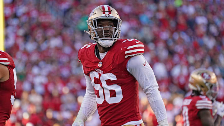 Sep 9, 2024; Santa Clara, California, USA; San Francisco 49ers defensive end Leonard Floyd (56) watches the video replay in the second quarter against the New York Jets at Levi's Stadium. Mandatory Credit: David Gonzales-Imagn Images