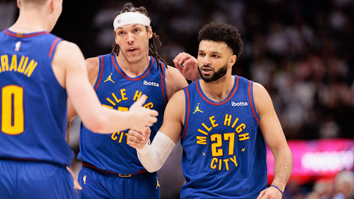 Denver Nuggets guard Jamal Murray (27) and forward Aaron Gordon react during the fourth quarter against the Los Angeles Lakers in Game 1 of their first-round playoff series at Ball Arena in Denver on April 20, 2024. Denver Nuggets guard Jamal Murray (27) and forward Aaron Gordon react during the fourth quarter against the Los Angeles Lakers in Game 1 of their first-round playoff series at Ball Arena in Denver on April 20, 2024.