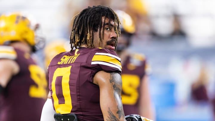Dec 26, 2025; Phoenix, AZ, USA; Minnesota Golden Gophers defensive lineman Anthony Smith (0) against the New Mexico Lobos during the Rate Bowl at Chase Field. Mandatory Credit: Mark J. Rebilas-Imagn Images