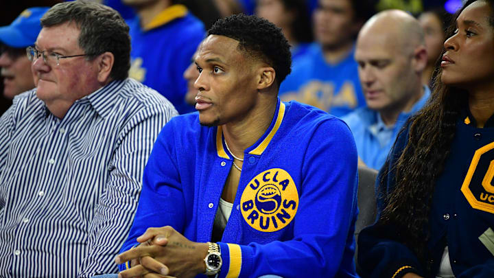Jan 5, 2023; Los Angeles, California, USA; Former UCLA player Russell Westbrook in attendance as the UCLA Bruins play against the Southern California Trojans during the first half at Pauley Pavilion. Mandatory Credit: Gary A. Vasquez-Imagn Images