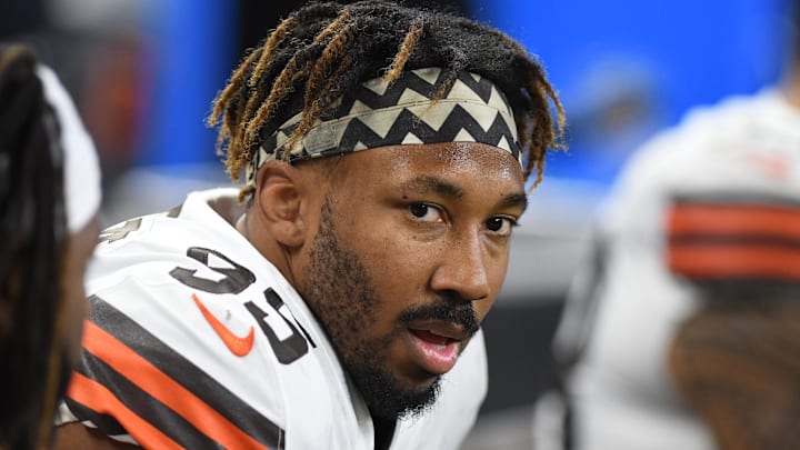 Nov 20, 2022; Detroit, Michigan, USA;  Cleveland Browns defensive end Myles Garrett (95) on the bench against the Buffalo Bills in the first quarter at Ford Field. Mandatory Credit: Lon Horwedel-Imagn Images