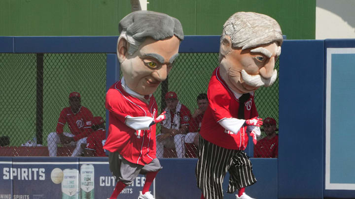 Feb 21, 2026; West Palm Beach, Florida, USA;  The Racing Presidents take off for the seventh inning stretch during the game against the Houston Astros at CACTI Park of the Palm Beaches. Mandatory Credit: Jim Rassol-Imagn Images