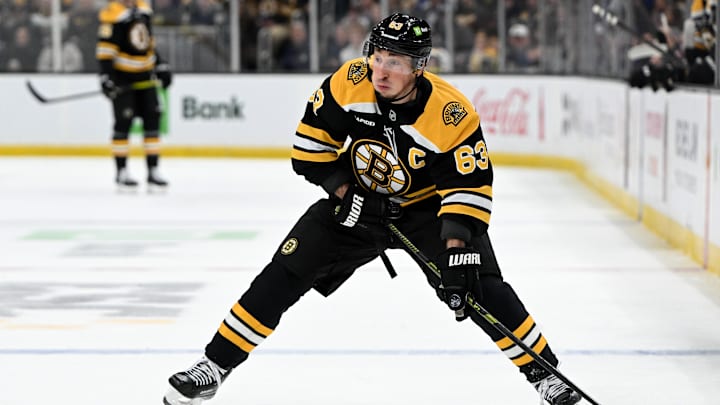 Feb 25, 2025; Boston, Massachusetts, USA; Boston Bruins left wing Brad Marchand (63) skates against the Toronto Maple Leafs during the first period at the TD Garden. Mandatory Credit: Brian Fluharty-Imagn Images Feb 25, 2025; Boston, Massachusetts, USA; Boston Bruins left wing Brad Marchand (63) skates against the Toronto Maple Leafs during the first period at the TD Garden. Mandatory Credit: Brian Fluharty-Imagn Images