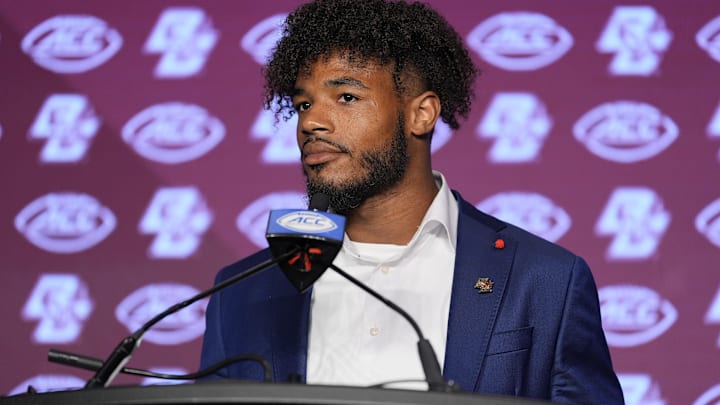 Jul 24, 2024; Charlotte, NC, USA; Boston College Eagles quarteback Thomas Castellanos speaks to the media during the ACC Kickoff at Hilton Charlotte Uptown. Mandatory Credit: Jim Dedmon-Imagn Images