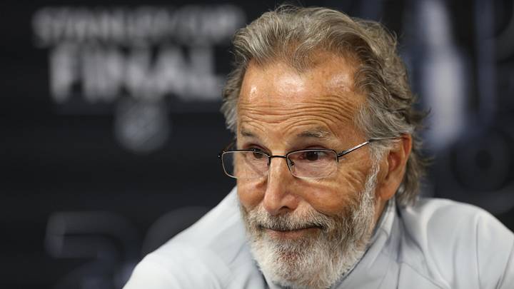 Jun 4, 2026; Raleigh, North Carolina, USA; Vegas Golden Knights John Tortorella during the post game press conference after the loss to the Carolina Hurricanes in game two of the 2026 Stanley Cup Final at Lenovo Center. Mandatory Credit: Nathan Ray Seebeck-Imagn Images