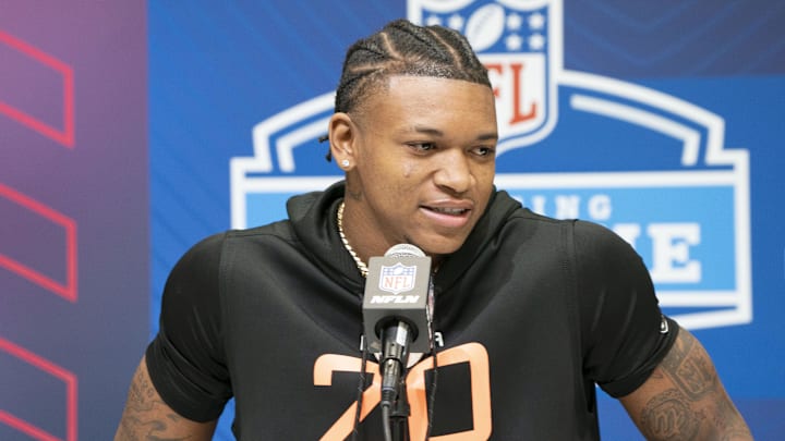 Feb 28, 2025; Indianapolis, IN, USA; Colorado wideout Jimmy Horn (WO20) speaks during a press conference during the 2025 NFL Combine at Indiana Convention Center. Feb 28, 2025; Indianapolis, IN, USA; Colorado wideout Jimmy Horn (WO20) speaks during a press conference during the 2025 NFL Combine at Indiana Convention Center.