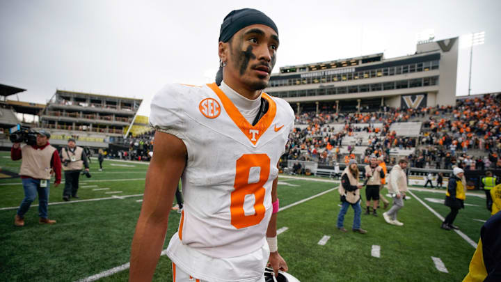 Tennessee quarterback Nico Iamaleava (8) exits the field after the game at FirstBank Stadium in Nashville, Tenn., Saturday, Nov. 30, 2024.