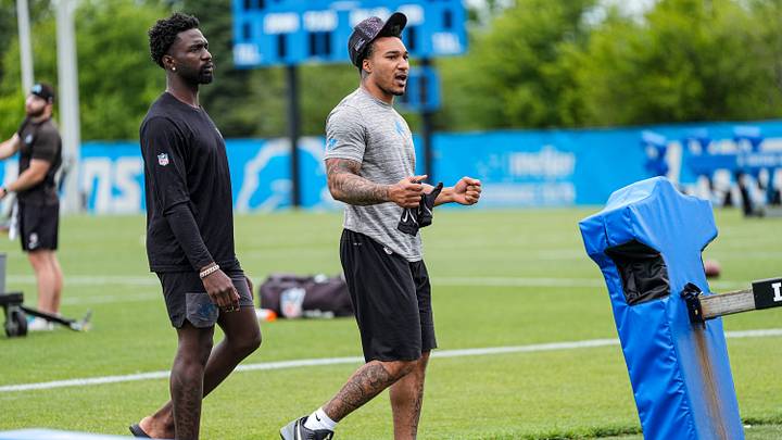 Detroit Lions safety Kerby Joseph (31), left, and safety Brian Branch (32) walk off the field after practice during mini camp at Meijer Performance Center in Allen Park on Wednesday, June 17, 2026. Detroit Lions safety Kerby Joseph (31), left, and safety Brian Branch (32) walk off the field after practice during mini camp at Meijer Performance Center in Allen Park on Wednesday, June 17, 2026.