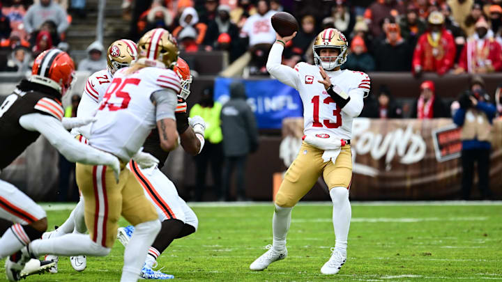 Nov 30, 2025; Cleveland, Ohio, USA;  San Francisco 49ers quarterback Brock Purdy (13) makes a pass during the first half against the Cleveland Browns at Huntington Bank Field. Mandatory Credit: Ken Blaze-Imagn Images