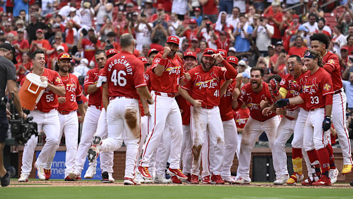 Jul 28, 2024; St. Louis, Missouri, USA; St. Louis Cardinals first baseman Paul Goldschmidt (46) is congratulated by teammates after hitting a walk-off home run against the Washington Nationals during the ninth inning at Busch Stadium. Mandatory Credit: Jeff Le-Imagn Images Jul 28, 2024; St. Louis, Missouri, USA; St. Louis Cardinals first baseman Paul Goldschmidt (46) is congratulated by teammates after hitting a walk-off home run against the Washington Nationals during the ninth inning at Busch Stadium. Mandatory Credit: Jeff Le-Imagn Images