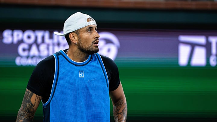 Nick Kyrgios from Australia during his first round match against Botic Van de Zandschulp at the BNP Paribas Open in Indian Wells, CA.