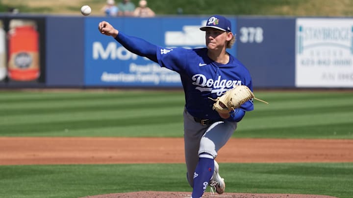 Mar 9, 2026; Phoenix, Arizona, USA; Los Angeles Dodgers pitcher Emmet Sheehan (80) throws against the Milwaukee Brewers in the first inning at American Family Fields of Phoenix. Mandatory Credit: Rick Scuteri-Imagn Images Mar 9, 2026; Phoenix, Arizona, USA; Los Angeles Dodgers pitcher Emmet Sheehan (80) throws against the Milwaukee Brewers in the first inning at American Family Fields of Phoenix. Mandatory Credit: Rick Scuteri-Imagn Images