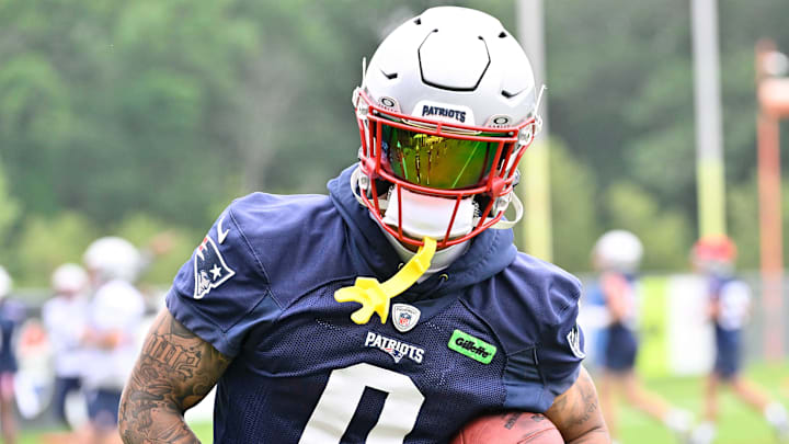 Jun 9, 2025; Foxborough, MA, USA; New England Patriots cornerback Christian Gonzalez (0) runs after the catch during minicamp at Gillette Stadium. Mandatory Credit: Eric Canha-Imagn Images