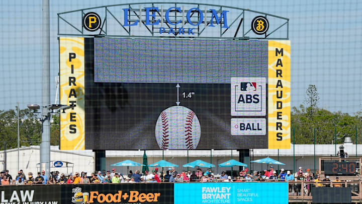 The scoreboard at LECOM Park displays a screen from the ABS challenge system, indicating that a called strike was actually a ball, 1.4” below the strick zone. Major League Baseball is testing an Automated Ball-Stike (ABS) challenge system at select spring training parks. The system allows players to challenge a limited number of ball/stike calls during a game. Calls can be overturned if the pitch tracking technology shows an umpire got a call wrong.