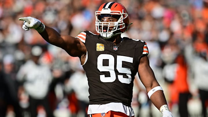 Nov 3, 2024; Cleveland, Ohio, USA; Cleveland Browns defensive end Myles Garrett (95) celebrates after a play during the first quarter against the Los Angeles Chargers at Huntington Bank Field.