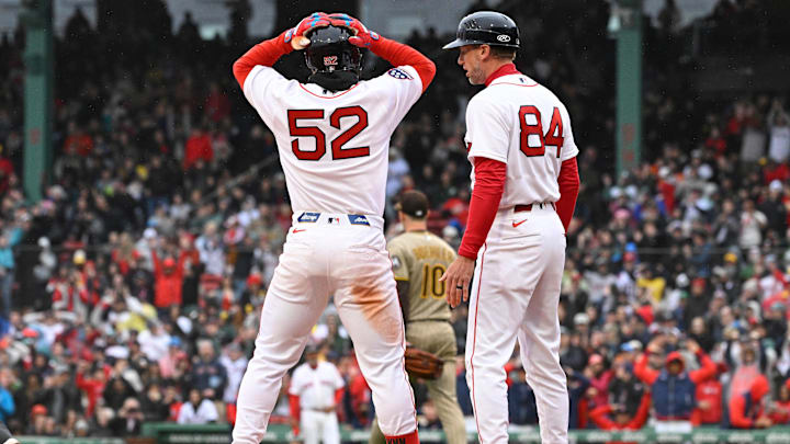 Apr 5, 2026; Boston, Massachusetts, USA; Boston Red Sox right fielder Wilyer Abreu (52) reacts to his one run RBI triple during the third inning against the San Diego Padres at Fenway Park. Mandatory Credit: Eric Canha-Imagn Images Apr 5, 2026; Boston, Massachusetts, USA; Boston Red Sox right fielder Wilyer Abreu (52) reacts to his one run RBI triple during the third inning against the San Diego Padres at Fenway Park. Mandatory Credit: Eric Canha-Imagn Images